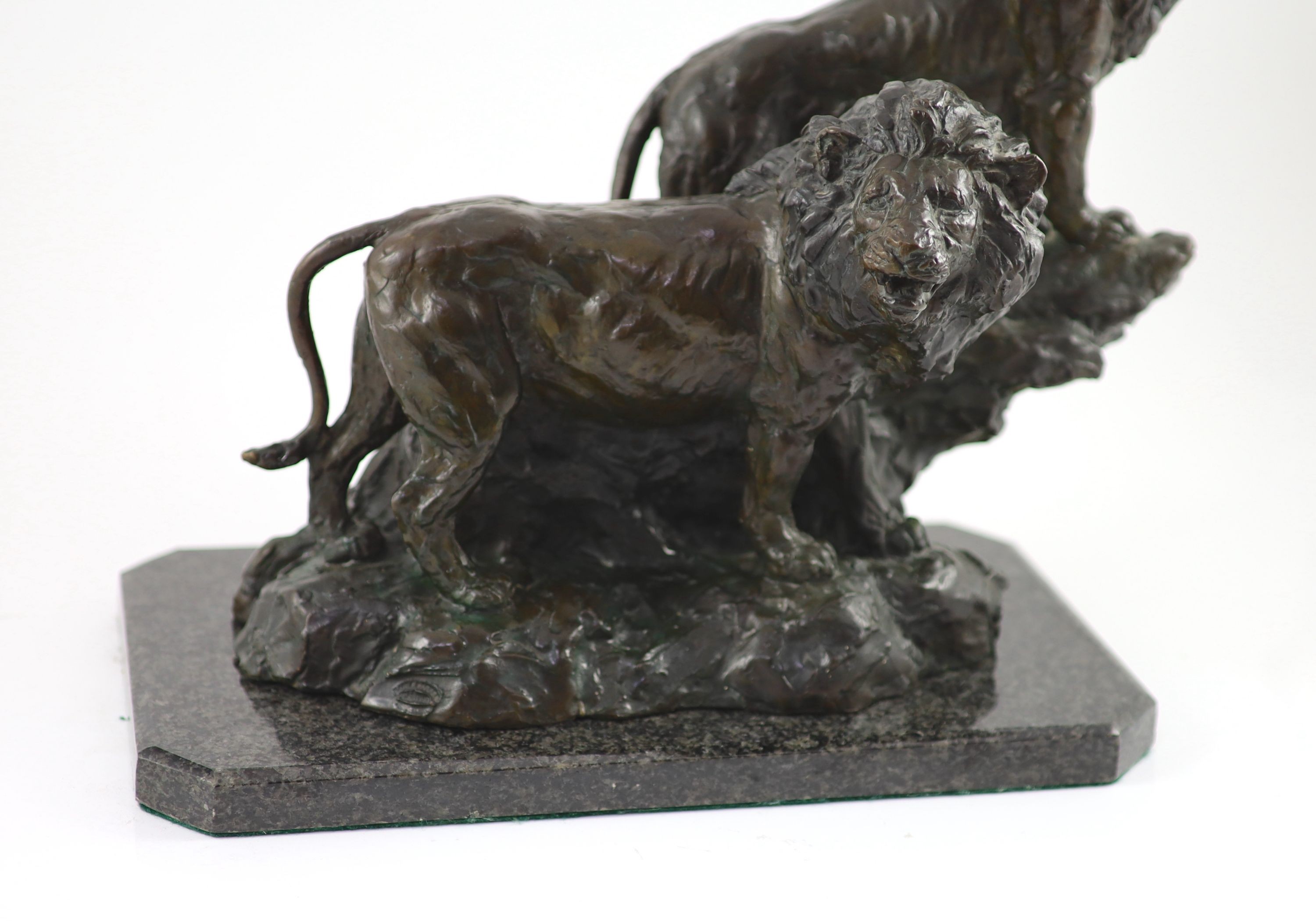 Barry Jackson (SA, 1948-), a bronze group of two lions, H 36cm. W 36cm. D 21cm.